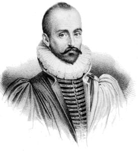 Michel de Montaigne, a balding man with a mustache and beard wearing a ruffly collar