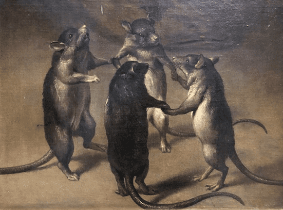 Oil painting of four rats standing on hind legs and holding hands in a circle