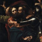Religious scene, the arrest of Christ in the events of Holy Week. Jesus Christ being embraced by a disciple, and three soldiers waiting to take him away. A man in the background gesturing in despair.