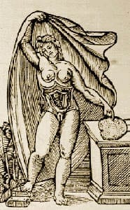 Woodcut of a woman with her uterus exposed