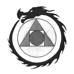 Circular dragon around a circle containing a triangle, square, and then another circle