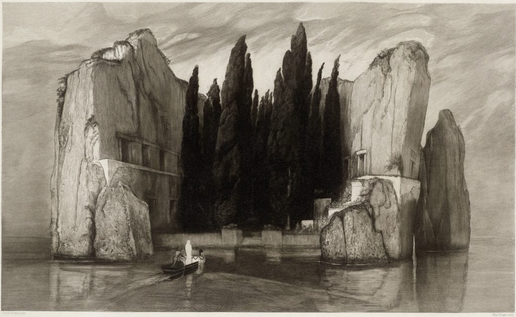 Artwork of an island with white rock walls surrounding a group of dark coniferous trees, with figures on a small boat approaching it. One of the figures is standing and is all white. Square entrance-like shapes have been cut into the rock walls.