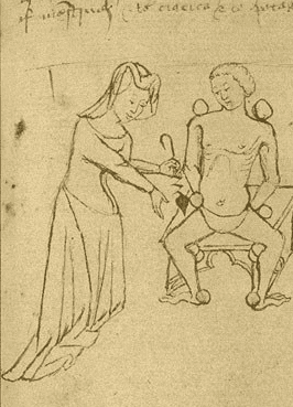 Medieval female physician practising bloodletting, perhaps a student of the Salernitan women