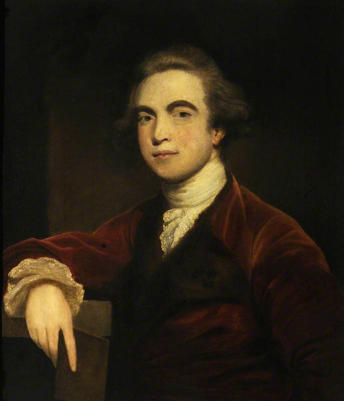 William Jones, early examiner of Indo-European languages, in a red coat and holding a book.