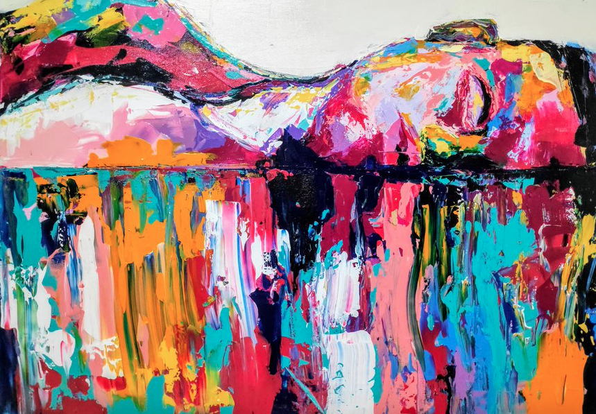 A colorful painting of a man dissolving into liquid