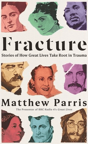 Cover of Fracture: Stories of How Great Lives Take Root in Trauma depicting "broken" portraits of famous people