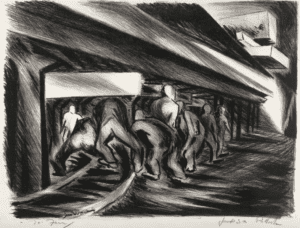 Lithograph of miners, reminiscent of malachite miners