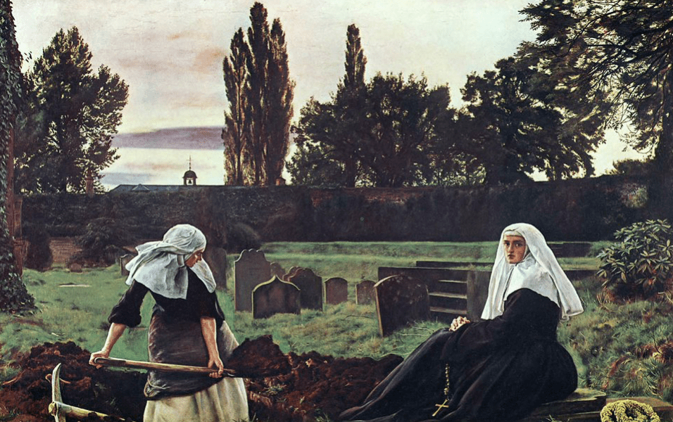 Two nuns digging in the graveyard of a convent