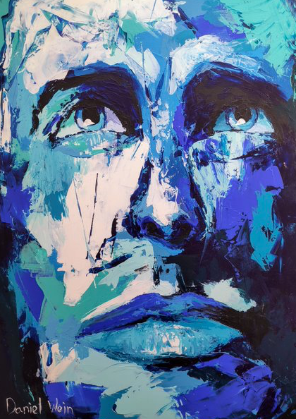 A blue painting of a man's face