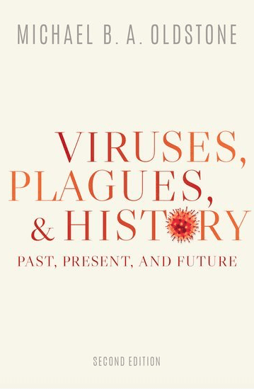Cover of Viruses, Plagues, and History by M. B. A. Oldstone with red virus graphic on white background