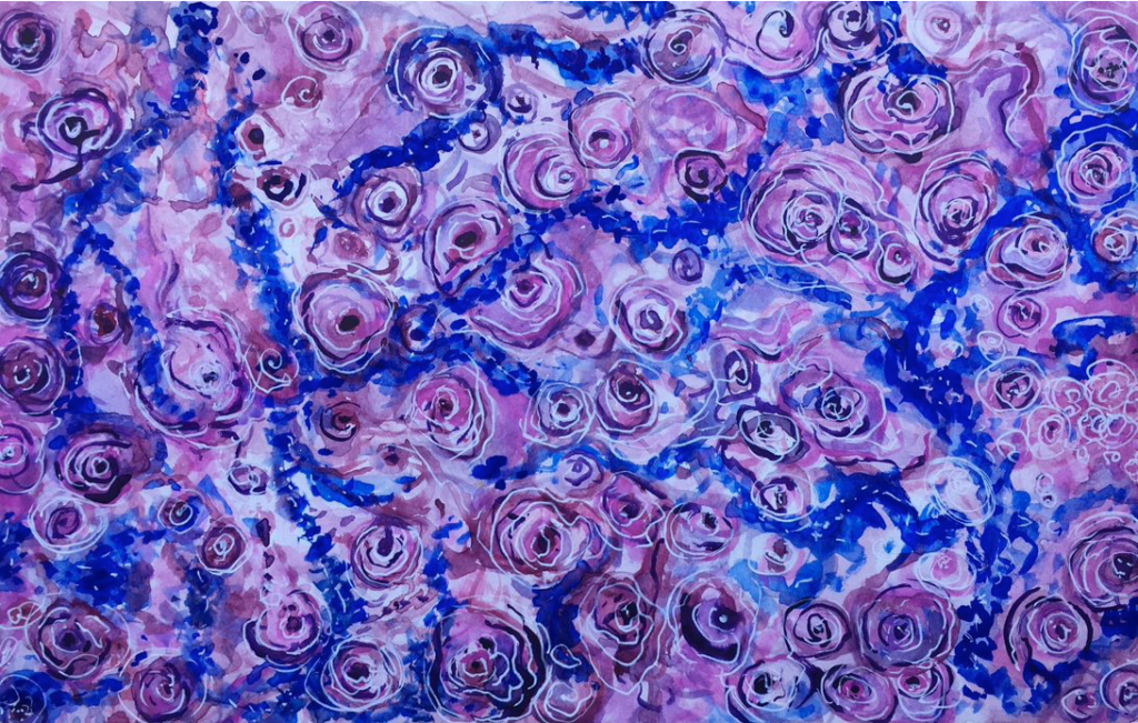 Hematoxylin and Eosin Abstraction, watercolor painting with purple and white swirls and blue lines