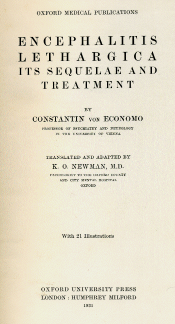 Front page of Encephalitis lethargica by Economo