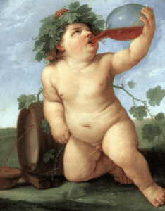 Drinking Bacchus, an infant wearing a wreath and drinking and peeing simultaneously. Wine from a barrel pours into a bowl behind him. Image for article on alcohol and art