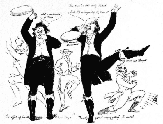 Cartoon with two figures: Humphry Davy to the right and perhaps Beddoes to the left