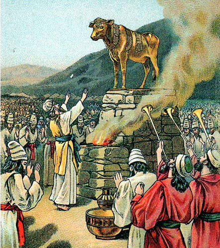 Worshiping the golden calf, before Moses returned