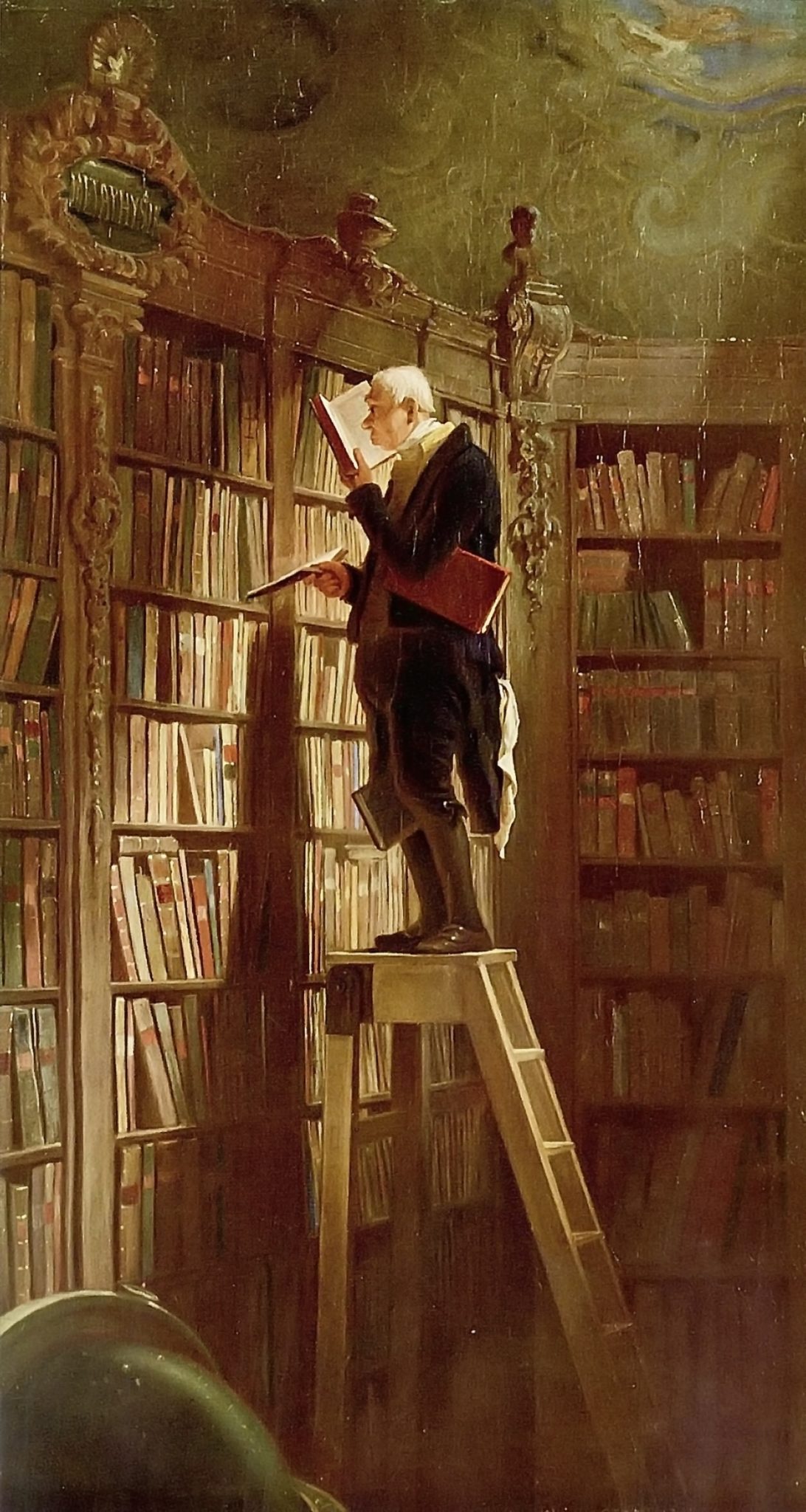 Painting of a man at a tall bookshelf, illustrating a rumor about Charles Valentin Alkan's death