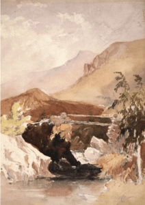 Painting of a small bridge and landscape with mountains