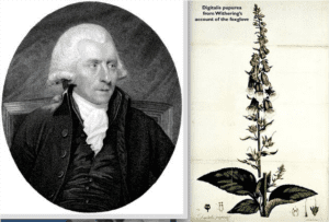 William Withering, who created a field microscope, and art of a foxglove from An Account of the Foxglove by Withering