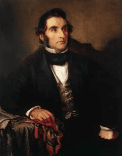 Painting of Justus von Liebig, who discovered a yeast extract. Depicts a white man with dark hair and sideburns in period suit. Image for article on Marmite history and anemia treatment