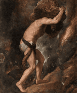 Sisyphus by Titian. A lightly clad muscular man with a boulder on his shoulders.