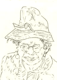 Alan Blum sketch of a woman in a tall hat with glasses and round earrings
