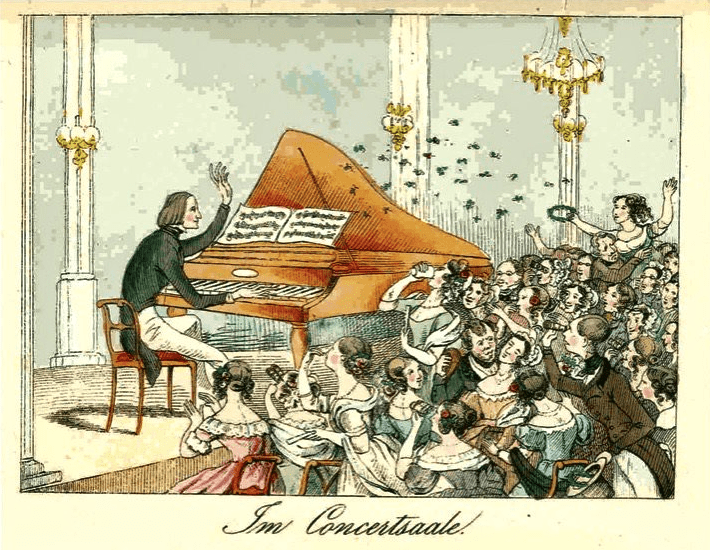 Liszt plays a piano while an adoring crowd throws flowers, swoons, and peers at him through opera glasses; a visual representation of Lisztomania