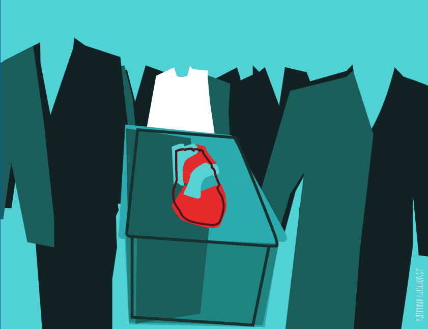 Red and light blue heart with dark blue and white lab coats on blue background for article on international heart surgery patients