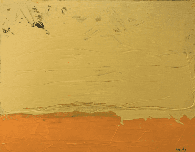 Abstract, streaky, and thick yellow paint with orange across the bottom and black specks in the top left. Horizontally oriented with Murphy signature in bottom right