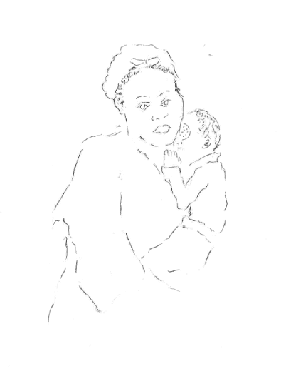 Woman with hair up in hat holding child