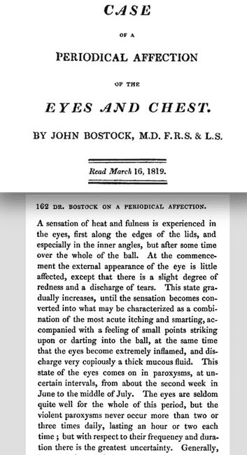 Cover page and excerpt from Case of a Periodical Affectin of the Eyes and Chest by John Bostock containing a description of the symptoms of hay fever.