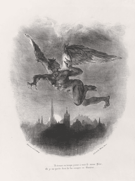 Winged demon flying over town