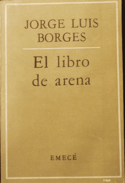 Tan book cover. Reads "JORGE LUIS BORGES / El libro de arena / EMECÉ" with "Edgar" photographer watermark in bottom right.