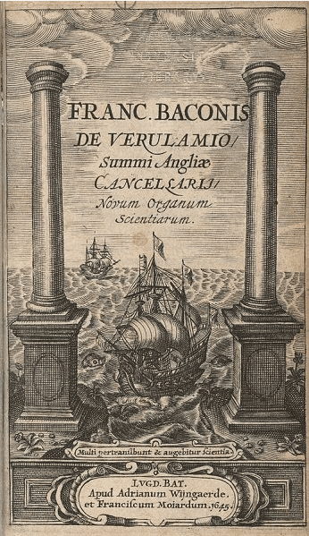 Cover with ships and pillars for book of Francis Bacon's natural philosophy