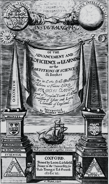 Cover with a ship, pillars, and representations of various concepts such as a drawing of the earth labeled "mundus visibilis" shaking hands with a faded earth labeled "mundus intellectvalis" for book of Francis Bacon's natural philosophy