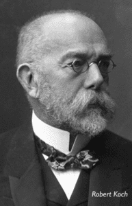 Robert Koch, photographed here as a balding man with a small pair of glasses and a mustache and short beard. Creator of Koch postulates