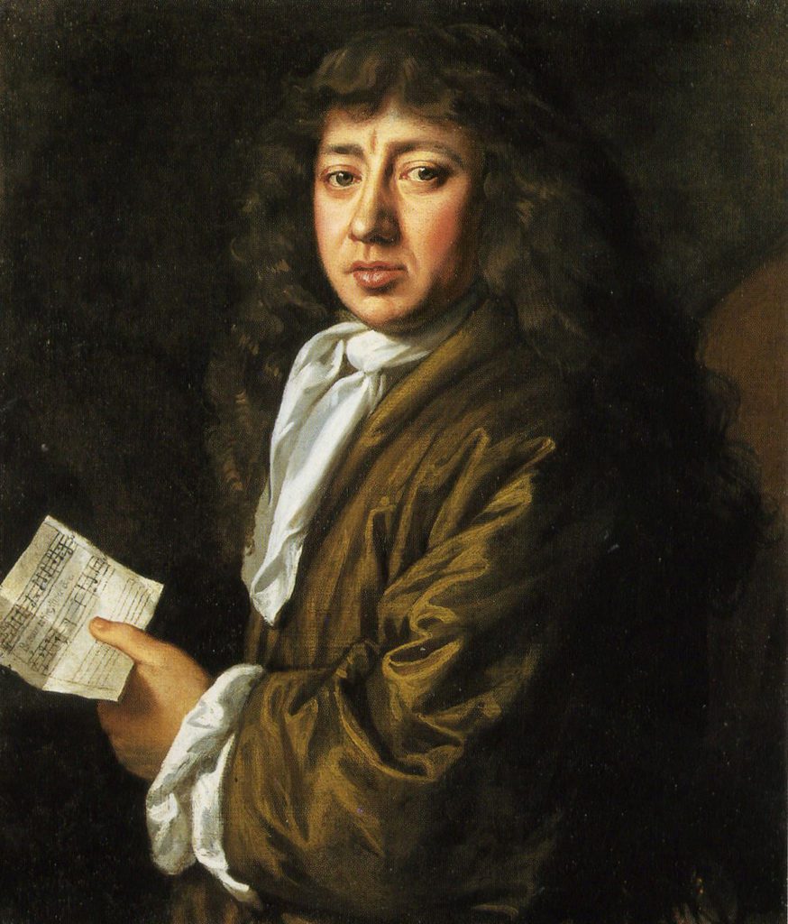 Samuel Pepys (who wrote a famous diary), a man with long curly brown hair and a half sheet of music in his hand turning to face the viewer
