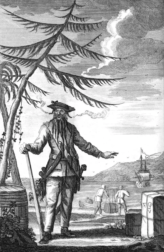 Pirate with scraggly beard and smoke trailing off of the sides of his head gesturing to loot to be brought onto a ship