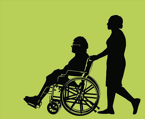 Silhouette of woman pushing man with glasses in wheelchair on pea green background