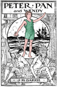 Peter Pan dressed in green, standing with sword, with depictions of Hook and Great Big Little Panther in front of a ship on the ocean. Image for Peter Pan hospital article