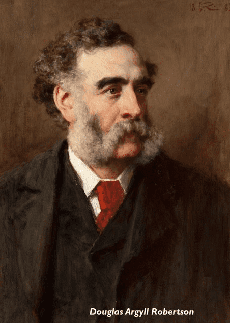 Douglas Argyll Robertson, a man with curly hair and thick eyebrows and muttonchops, referred to in the name "Argyll Robertson pupils"
