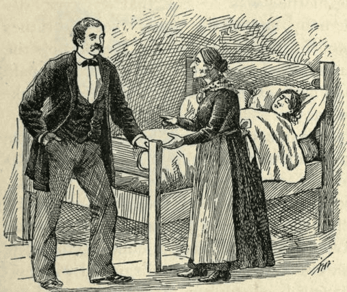 Doctor on a home visit talking to a woman at the bedside of a patient