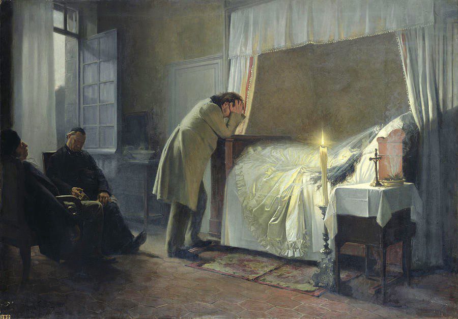 La mort of Madame Bovary (The Death of Madame Bovary). Madame Bovary lies in her wedding gown on a bed next to a tall, bright candle and crucifix while her lover stands over her with his head held in grief. The priest and another man are shown asleep in their chairs. The window is open, and it appears to be a bright and sunny day.