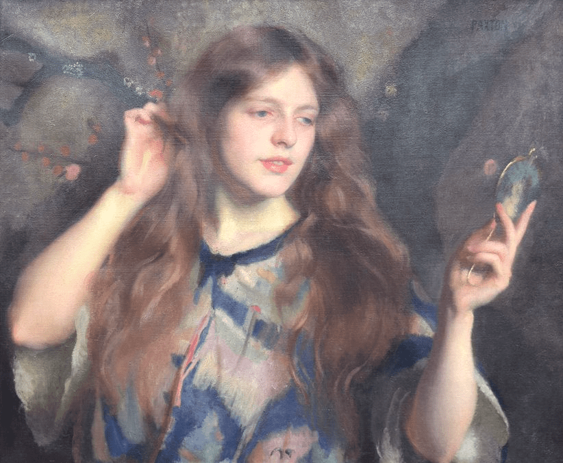Girl depicted in soft brushstrokes gazing into a hand mirror