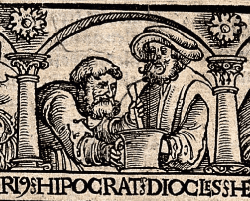 Hippocrates and Diocles of Carystus at a mortar and pestle