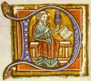 Illustration of man inside a large letter "D" seated with a book and appearing to inspect or teach about a vase in his hand