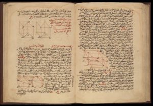Arabic text accompanied by 2D diagrams of pentagons within circles and 3D diagrams of cubes and a rectangular prism