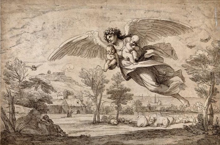 Winged woman flying and carrying infants over the countryside