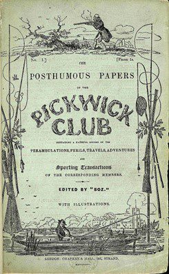 People hunting and fishing, framing the title information of The Posthumous Papers of the Pickwick Club by Charles Dickens