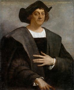 A man said to be Christopher Columbus in this famous painting, a man in black robes and a hat with his hand on his mid chest