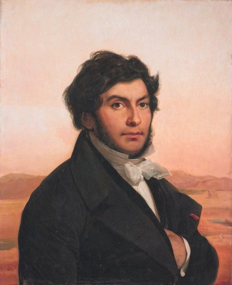 Jean-Françoise Champollion, a man in a suit with his hand in the breast depicted on a sandy desert background